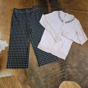 Ann Taylor Black White Plaid Check Pants Pink Jeweled Cardigan 6 Petite Med